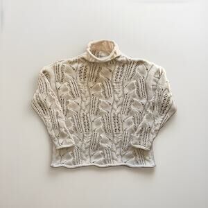 Hand Knit Cream Turtleneck Sweater Size Medium Open Cable Cottagecore Soft Cozy